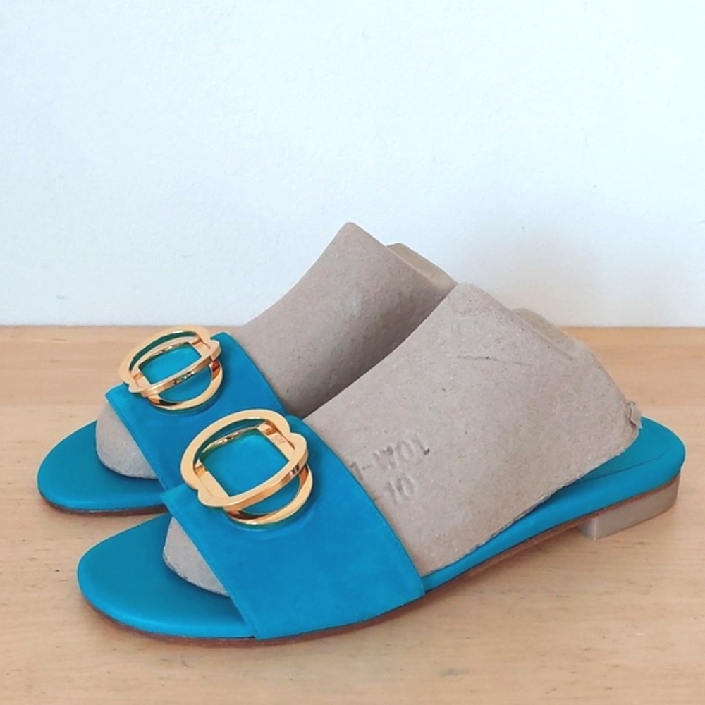 Stuart Weitzman Blue Suede With Gold Decoration Slide Sandals